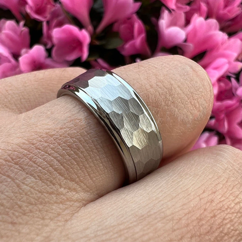 8MM Men's Tungsten Ring Wedding Band Silver Hammered Finish-Rings-Innovato Design-7-Innovato Design