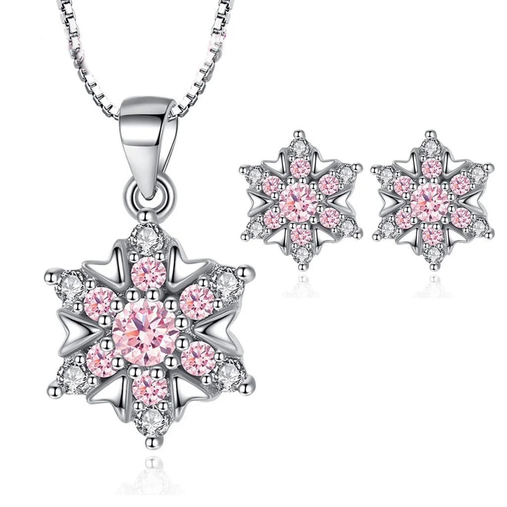 Austrian Crystal Snowflake Flower Pendant Necklace Earrings Set