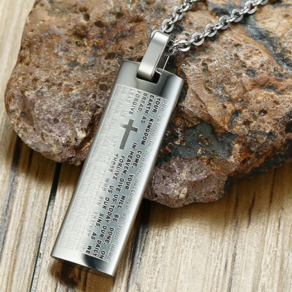 Men's Stainless Steel Pendant Necklace English Bible Lords Prayer Cross