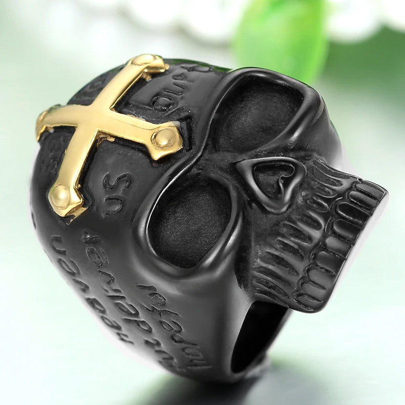 Men's Stainless Steel Rings Black Gold Skull Cross Bible Lords Prayer Gothic-Rings-Innovato Design-7-Innovato Design