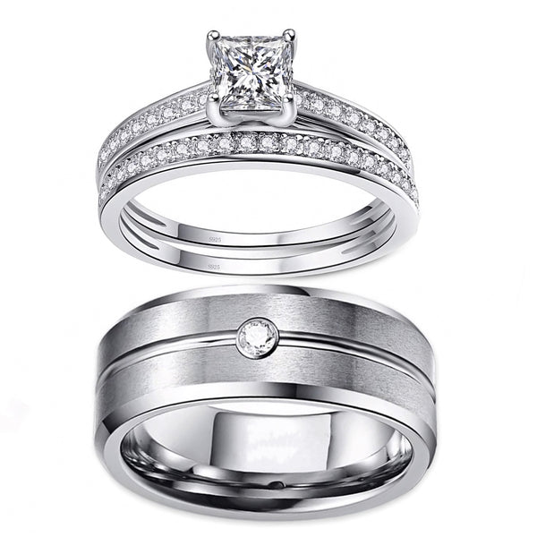 Cubic Zirconia and Rhinestone Tungsten Wedding Ring Set