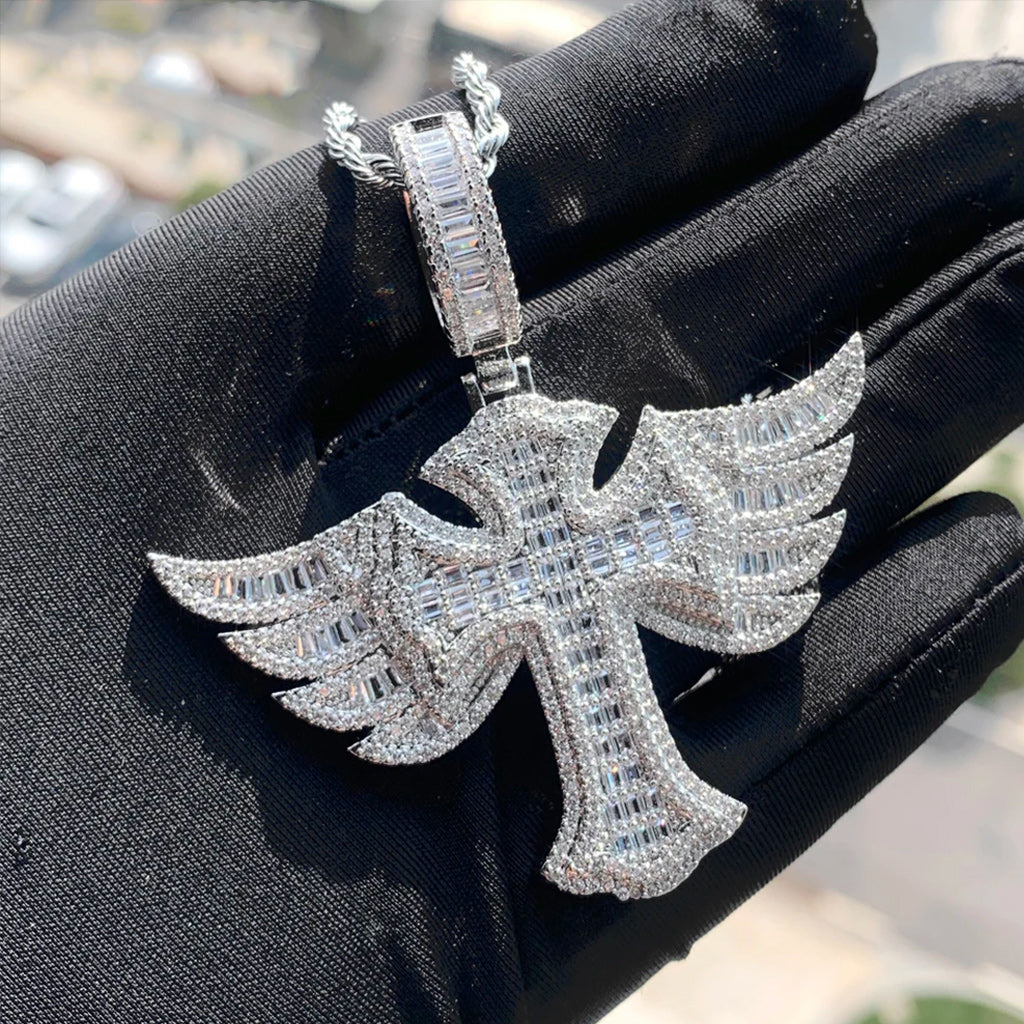 Silver Plated Angel Wing Cross Men Women Pendant CZ Necklace Rope Chain-Necklaces-Innovato Design-Innovato Design