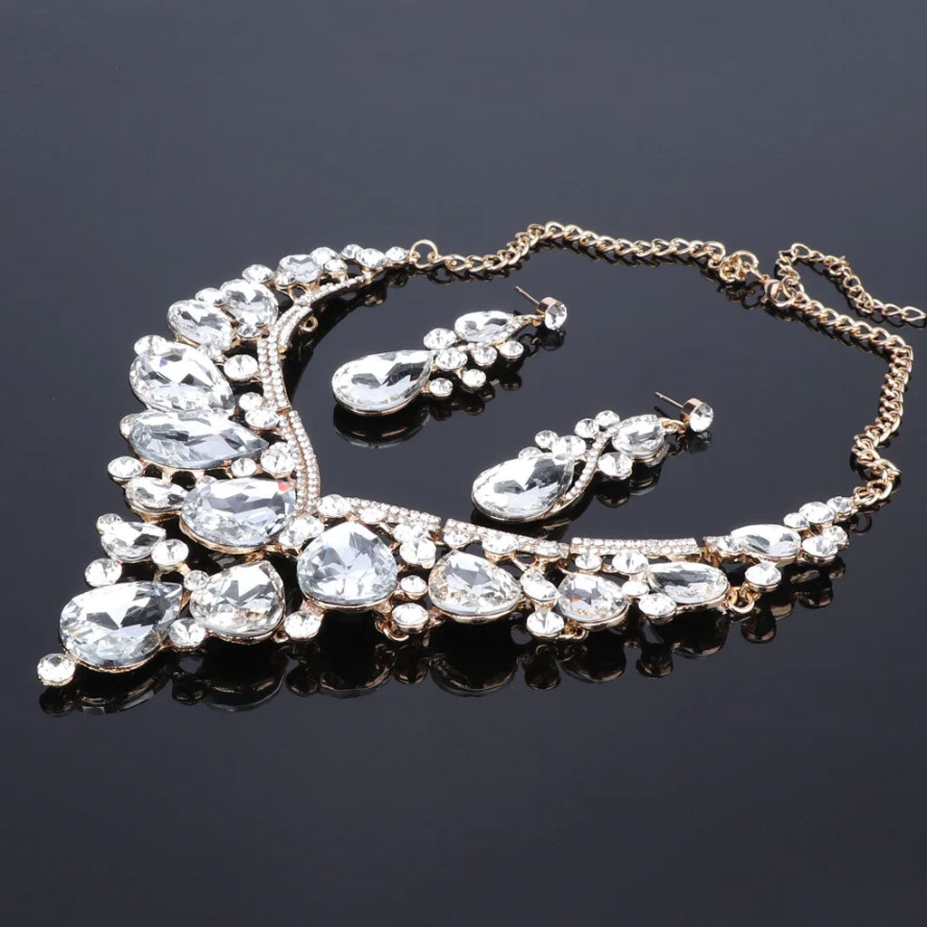 Crystal and Rhinestone Flower Necklace, Bracelet, Earrings & Ring Wedding Statement Jewelry Set