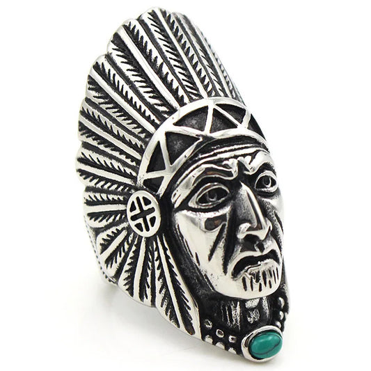 Men's Stainless Steel Vintage Tribal Leader Native American Indian Chief Head Ring with Feather Turquoise-Rings-Innovato Design-7-Innovato Design