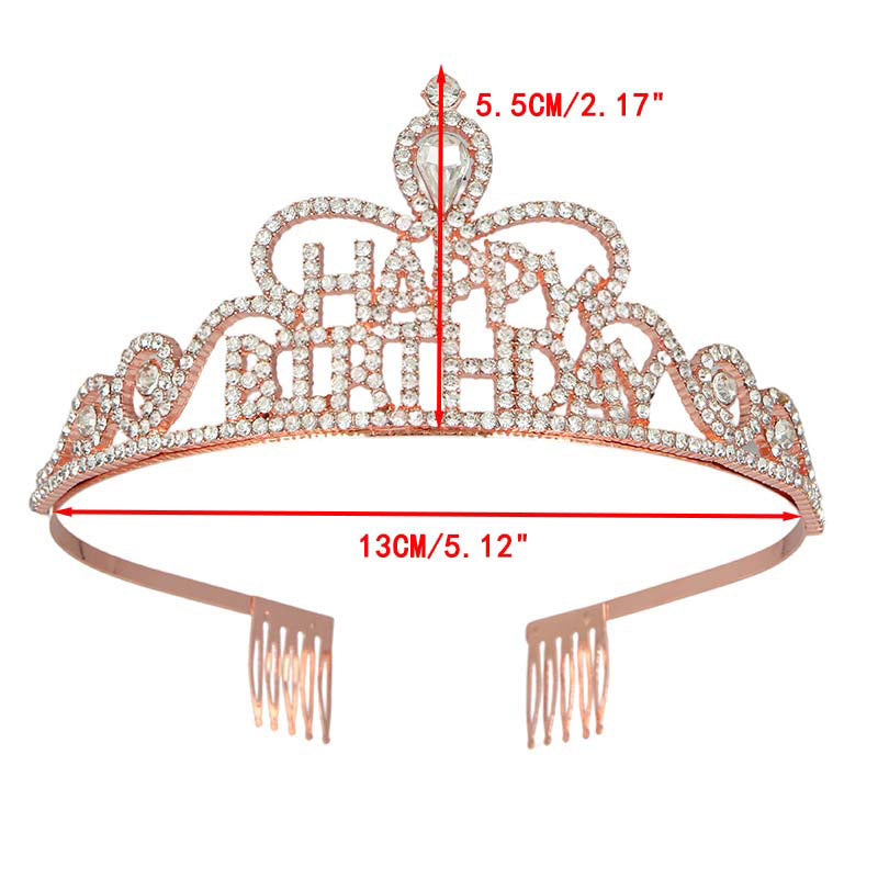 Rose Gold Happy Birthday Crown Rhinestones Tiara Queen Girl Women Party-Crowns-Innovato Design-Innovato Design