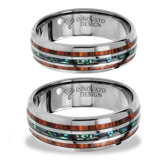 His & Her 6mm/8mm Hawaiian Koa Wood And Abalone Shell Tungsten Carbide Rings Set-Ring-Innovato Design-6-5-Innovato Design