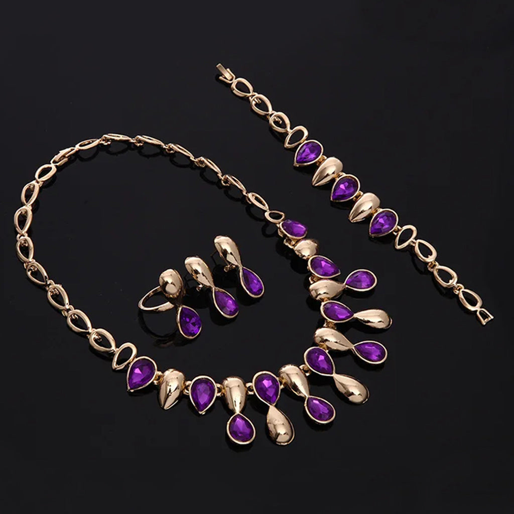 Women's 4Pcs Purple Rhinestone Drop Pendant Necklace Earrings Bracelet Ring Jewelry Set