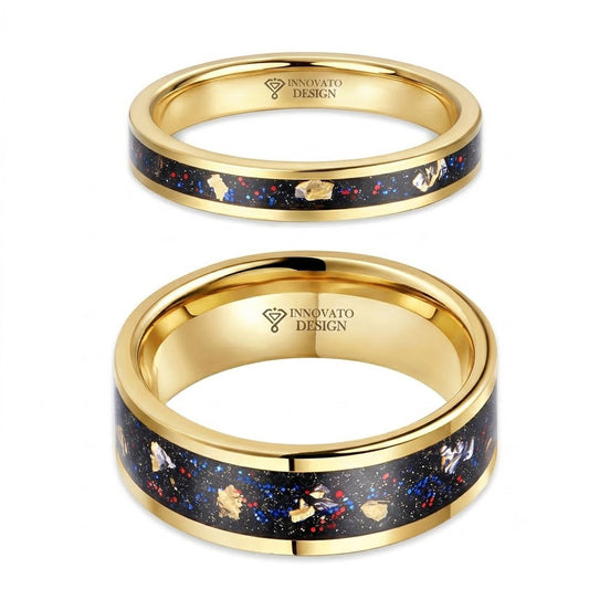 His and Her Tungsten Opal Meteorite Inlay Wedding Couple Rings Set
