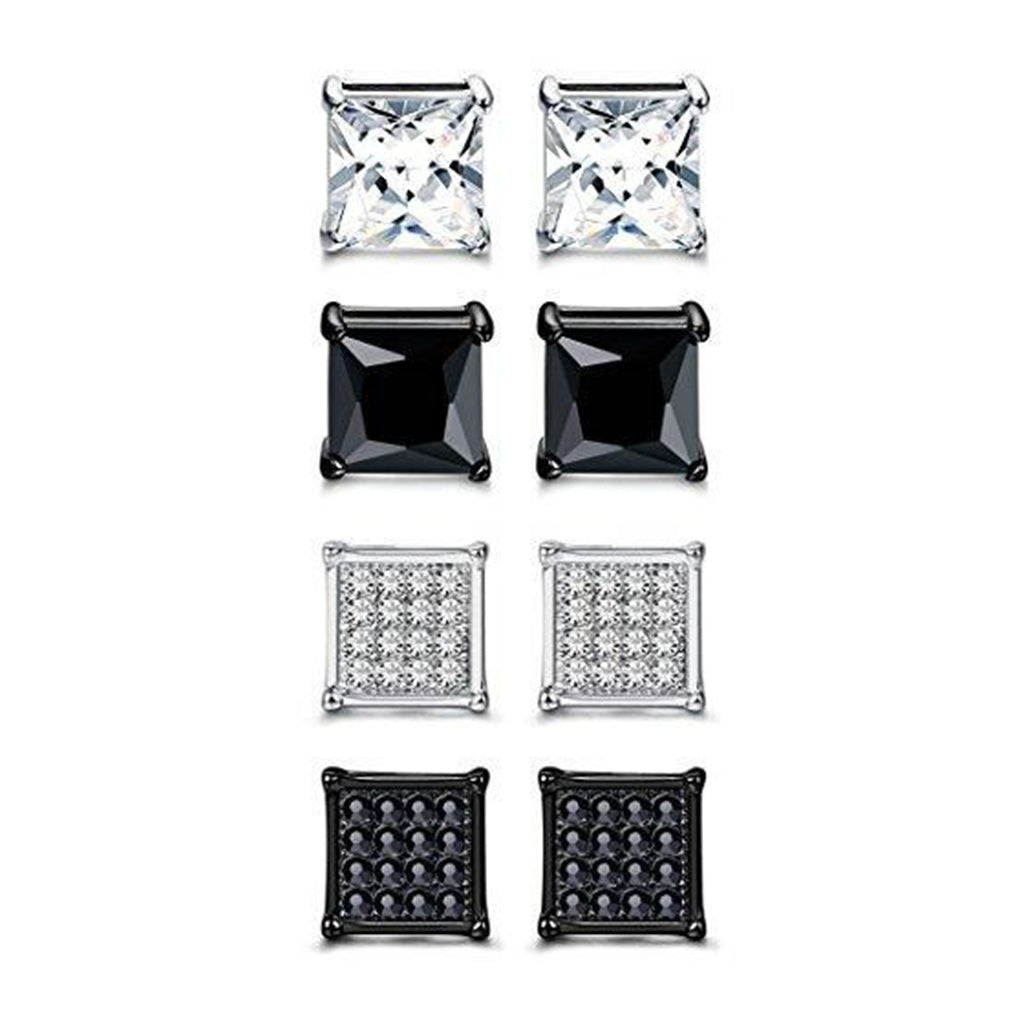 4 Pairs Stainless Steel Men Women Stud Earrings Square Cubic Zirconia Piercing 20G 6-8mm