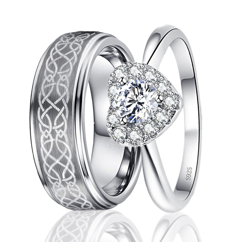 His & Her Tungsten Carbide and 925 Sterling Silver Cubic Zirconia Couple Rings Set-Rings-Innovato Design-7-5-Innovato Design