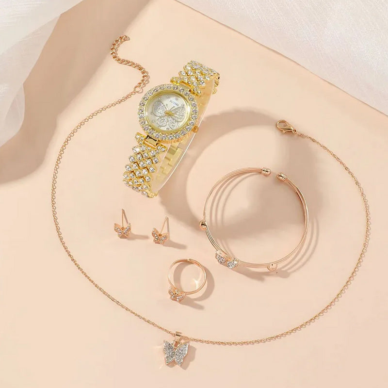 Women Butterfly Design Quartz Watch, Necklace & Earrings and Flower Design Bracelet Jewelry Set-Jewelry Sets-Innovato Design-Innovato Design