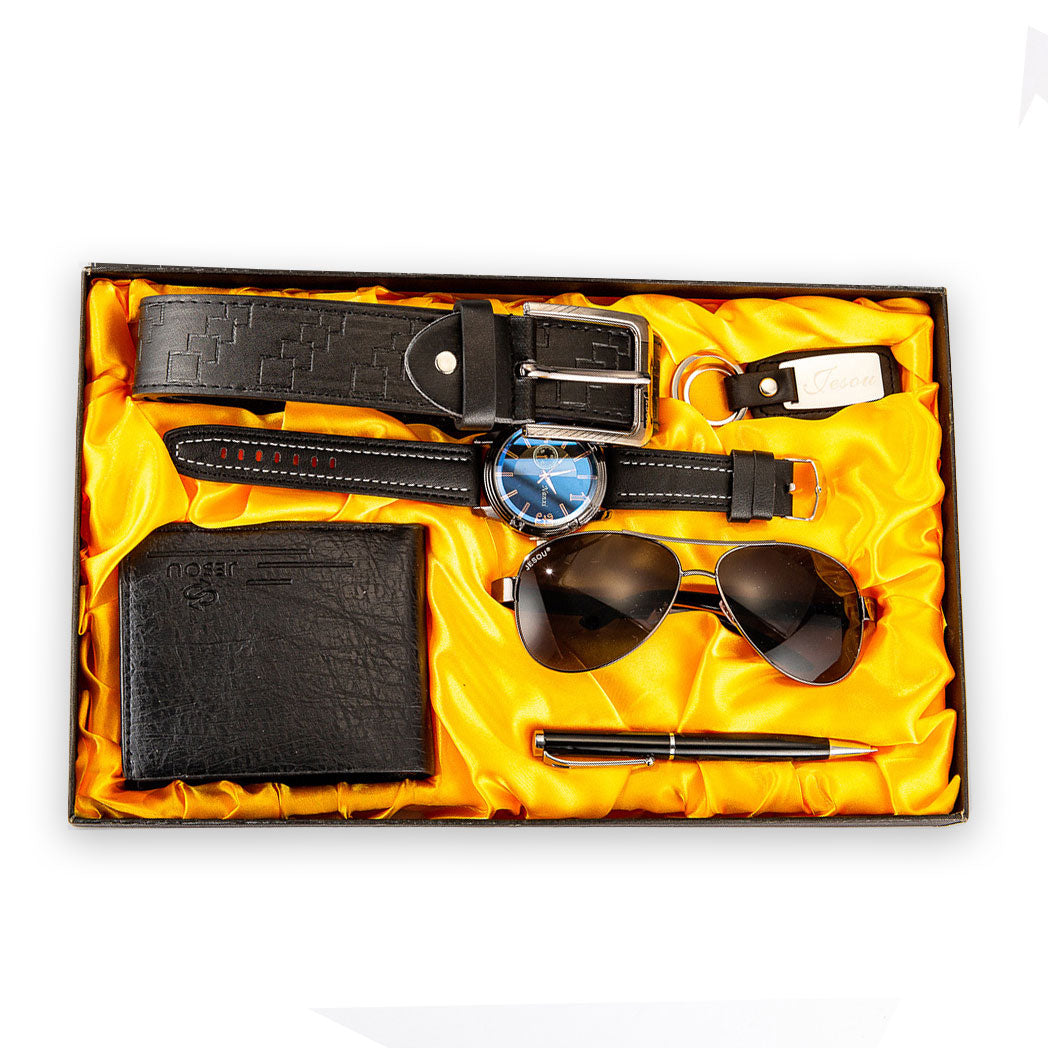 Men Large Dial Quartz Watch, Belt, Folding Wallet, Sunglasses, Keychain, and Ballpoint Pen Gift Set