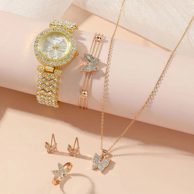 Women Butterfly Design Quartz Watch, Necklace & Earrings and Flower Design Bracelet Jewelry Set-Jewelry Sets-Innovato Design-Innovato Design
