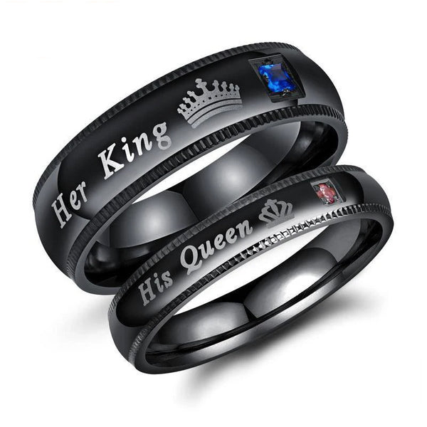 His and Her Black Stainless Steel with Blue and Pink Crown with Square-Cut Cubic Zirconia Couple Ring-Rings-Innovato Design-6-5-Innovato Design