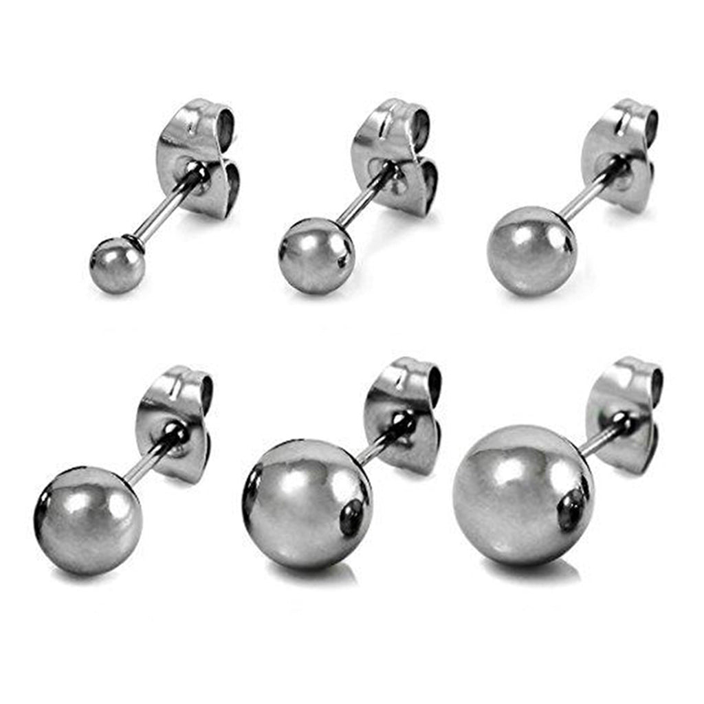 Men's 3~8mm Stainless Steel Stud Earrings Silver Tone Bead Ball