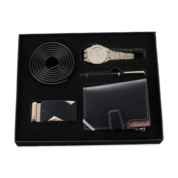 Men Hip Hop Diamond Quartz Watch, Leather Belt, Folding Wallet, and Ballpoint Pen Gift Set