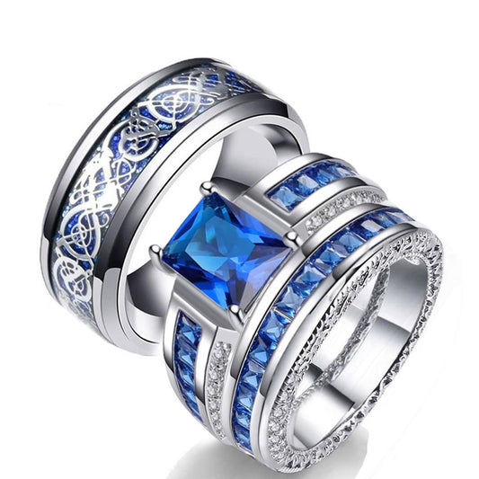 8mm Silver Celtic Dragon Inlay and Blue/White Cubic Zirconia Stainless Steel Wedding Ring Set