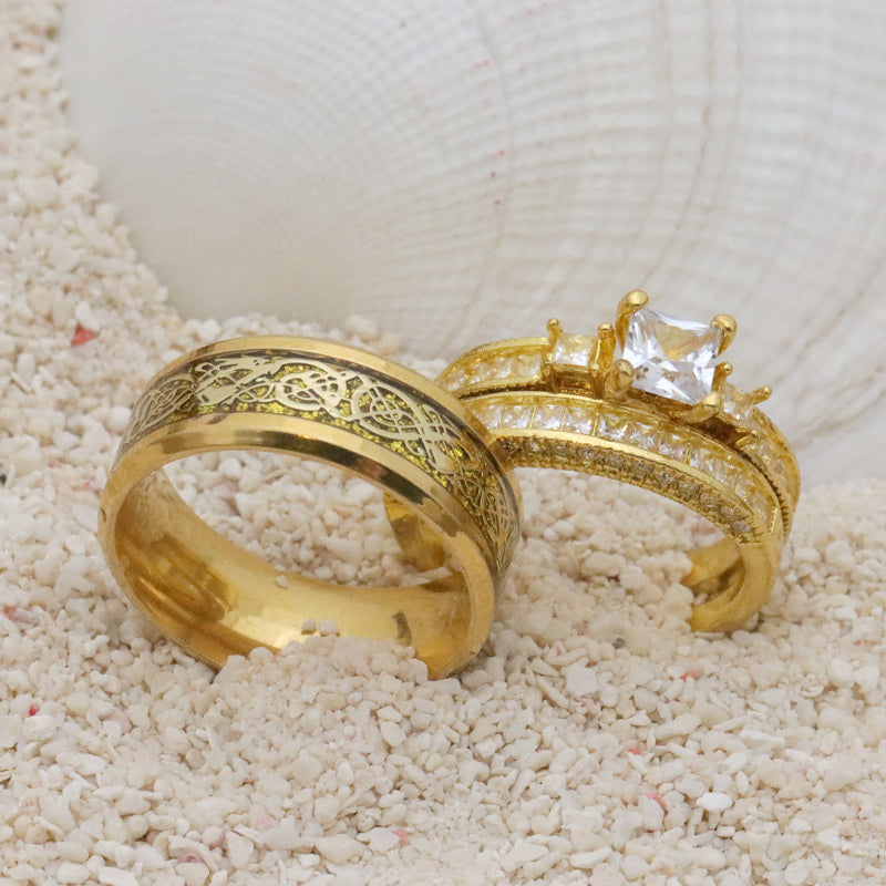 Gold Celtic Dragon and White Cubic Zirconia Gold-Plated Stainless Steel Wedding Ring Set-Couple Rings-Innovato Design-6-5-Innovato Design