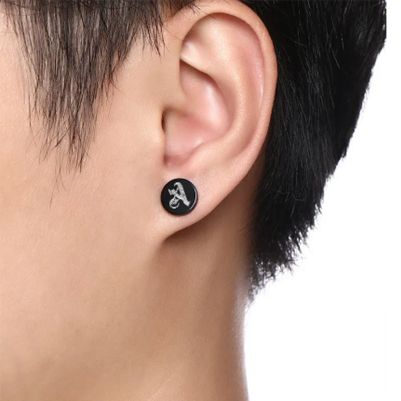10mm Stainless Steel Stud Hoop Initials 26 Letter Stud Barbell Earrings for Men Women-Earrings-Innovato Design-A-Innovato Design