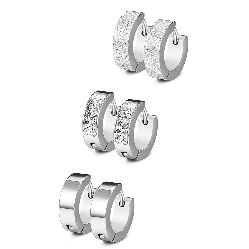 3 Pairs Stainless Steel Men Women Hoop Earrings CZ Huggie Earrings Ear Piercing 18G