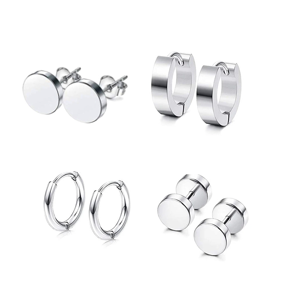 4 Pairs Stainless Steel Stud Earrings for Men Women Hoop Earrings Huggie Piercing 18G