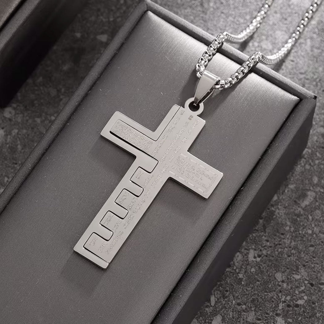 Men's Stainless Steel Pendant Necklace Cross Bible Lords Prayer