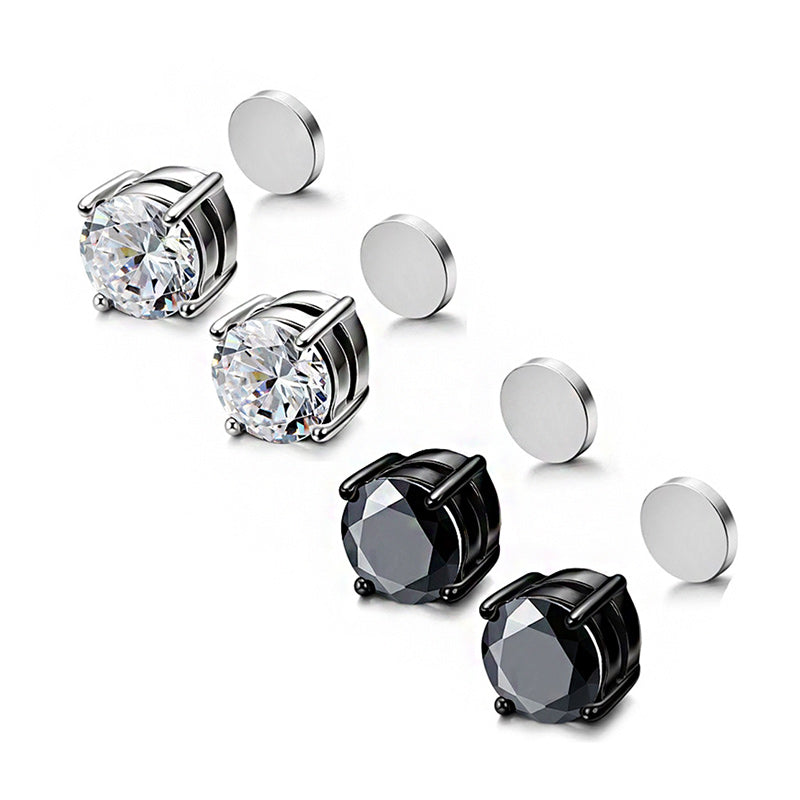 4 Pairs Stainless Steel Stud Earrings for Men Women Ear Non - Piercing Earrings Cubic Zirconia Inlaid-Earrings-Innovato Design-4 Pairs 6MM Round-Innovato Design