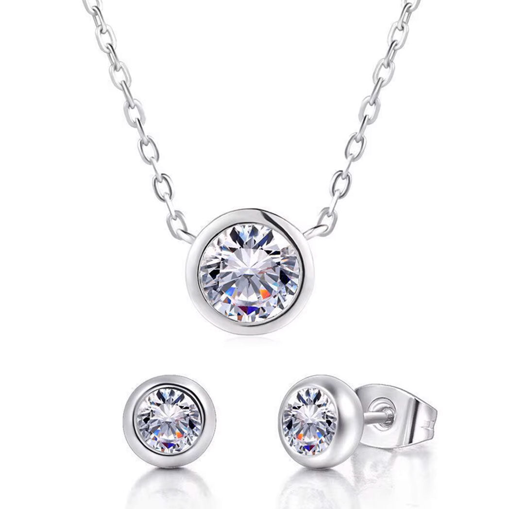 Cubic Zirconia Stainless Steel Necklace & Earrings Jewelry Set