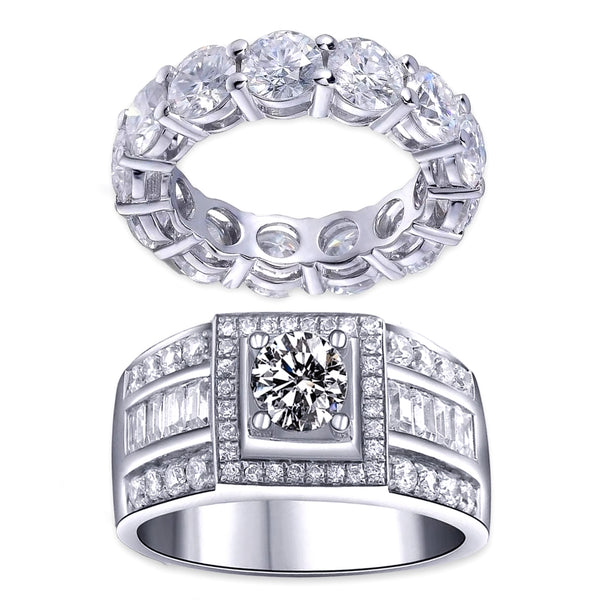 Cubic Zirconia and Round Crystal & Rhinestone Sterling Silver Wedding Ring Set