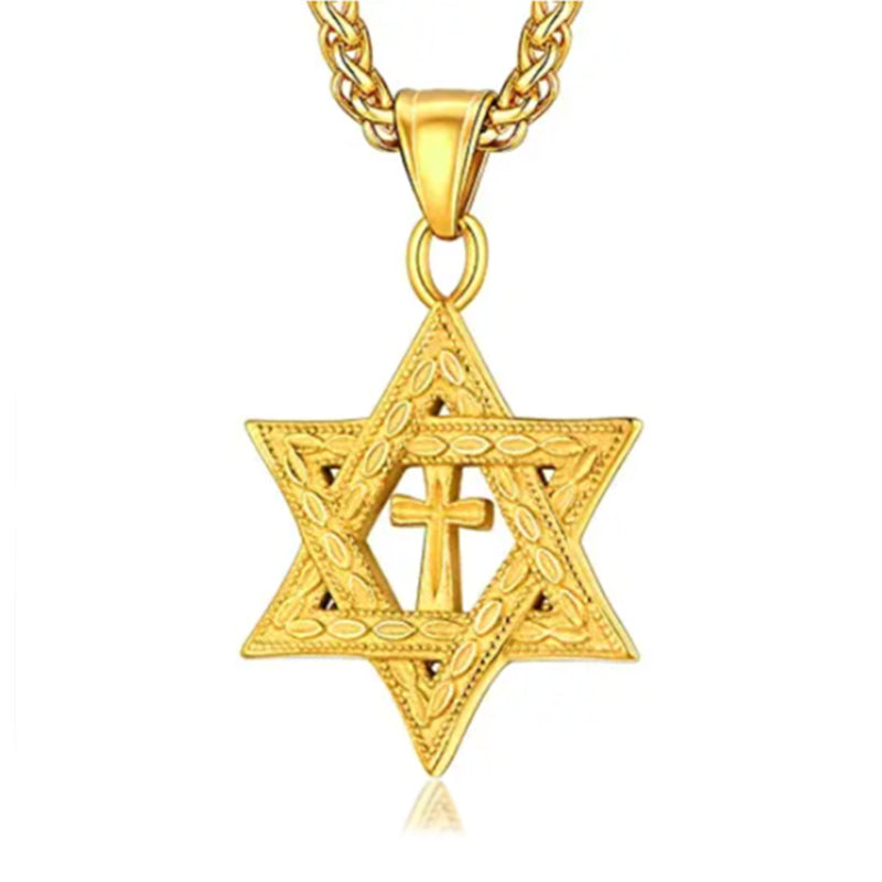 Metallic Messianic Star of David around Holy Cross Pendant Necklace-Necklaces-Innovato Design-Gold-Innovato Design