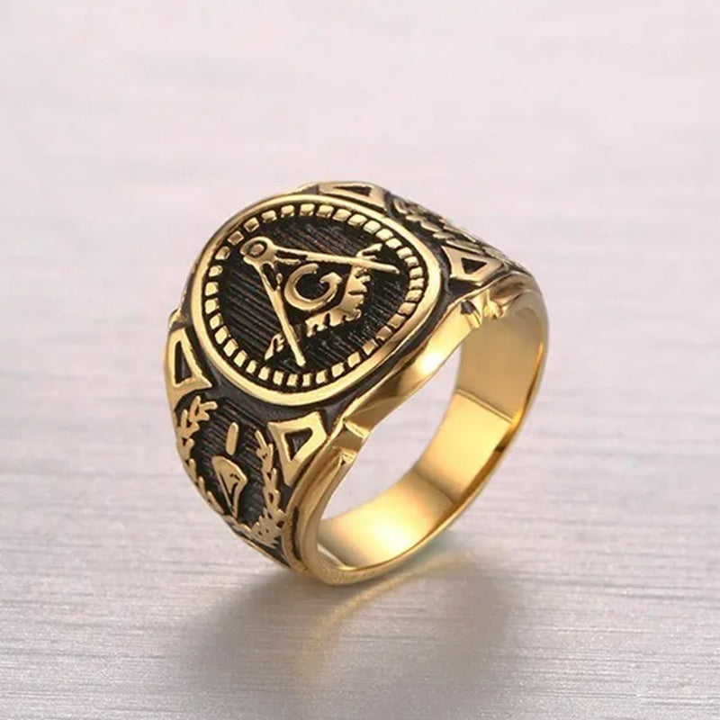Bizonmark Rings Stainless Steel Gold Plated Vintage Freemason Symbol Masonic Rings Ban ...