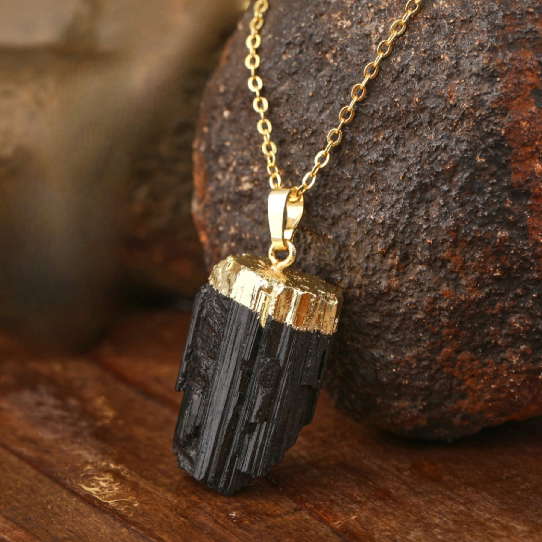 Natural Black Tourmaline Stone with Gold Accent Pendant Chain Necklace-Necklaces-Innovato Design-16 inches-Innovato Design