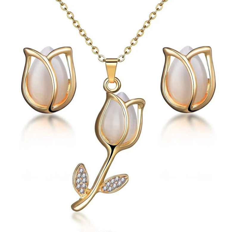 Pink Natural Stone Rose Flower Necklace & Earrings Wedding Jewelry Set-Jewelry Sets-Innovato Design-Innovato Design