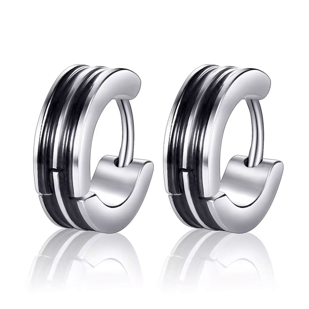 Men's Stainless Steel Stud Hoop huggie Earrings Silver Tone Black Striped