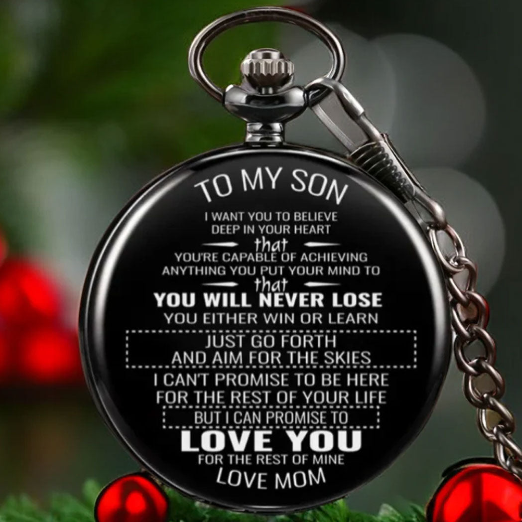 "To My Son Love Mom" Quartz Necklace Chain Pendant Pocket Watch