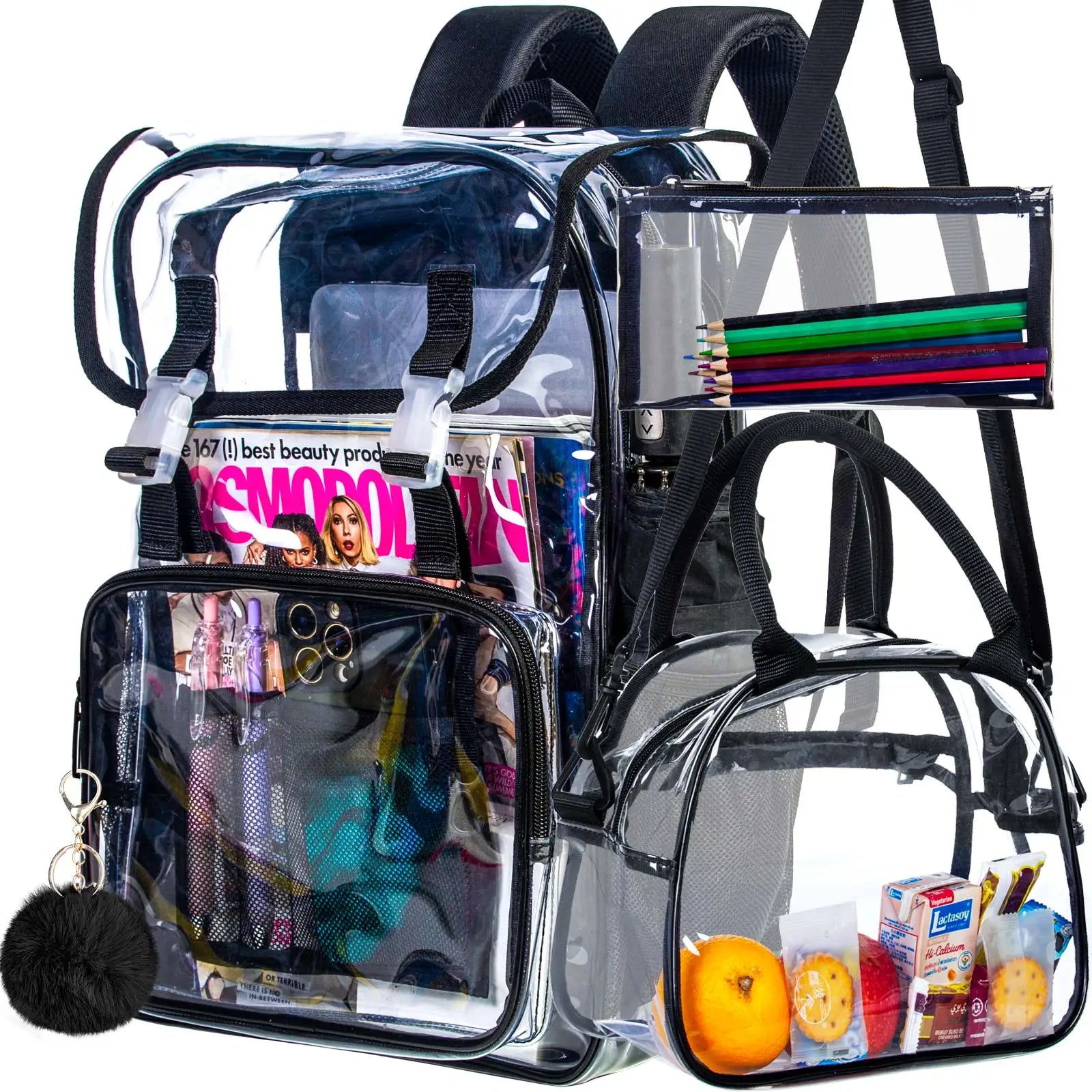 Waterproof Clear Fabric & PVC School Transparent Backpack Set-clear backpack-Innovato Design-Black-Innovato Design