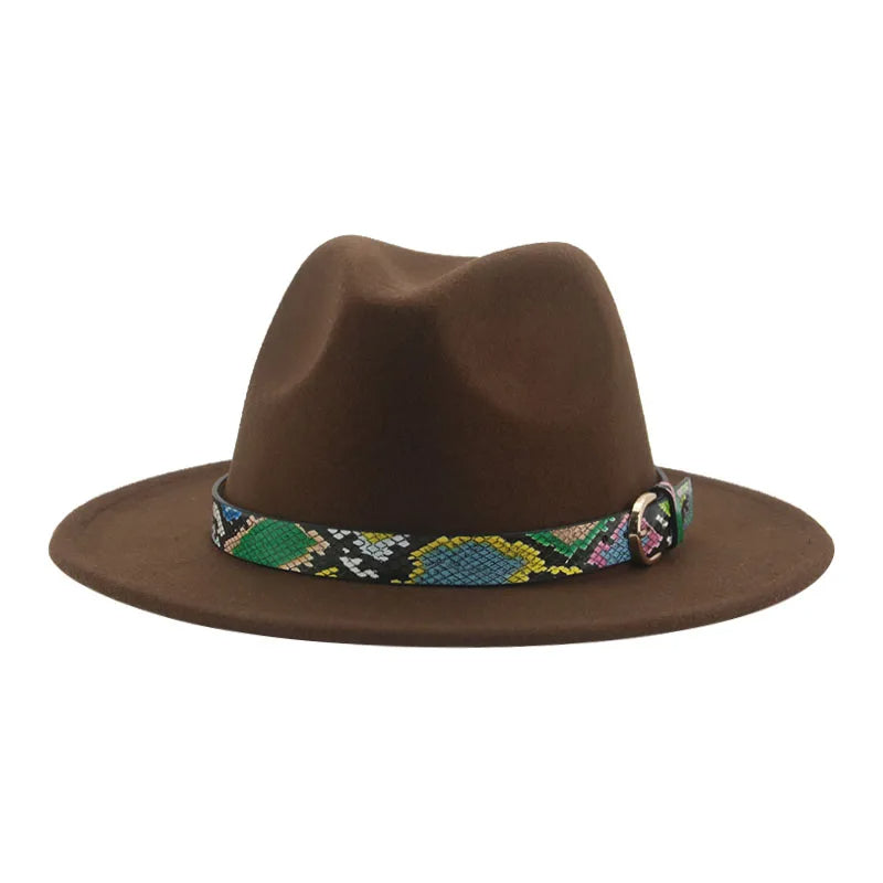 Wide Brim Wool Fedora Hat with Snake Skin Striped Band-Hats-Innovato Design-Brown-Innovato Design