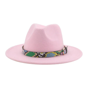 Wide Brim Wool Fedora Hat with Snake Skin Striped Band-Hats-Innovato Design-Pink-Innovato Design