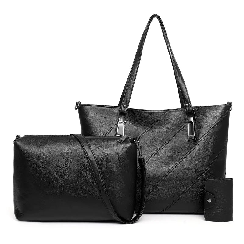 Soft Leather Shoulder Bag, Crossbody Bag and Handbag Set-Handbags-Innovato Design-Black-Innovato Design