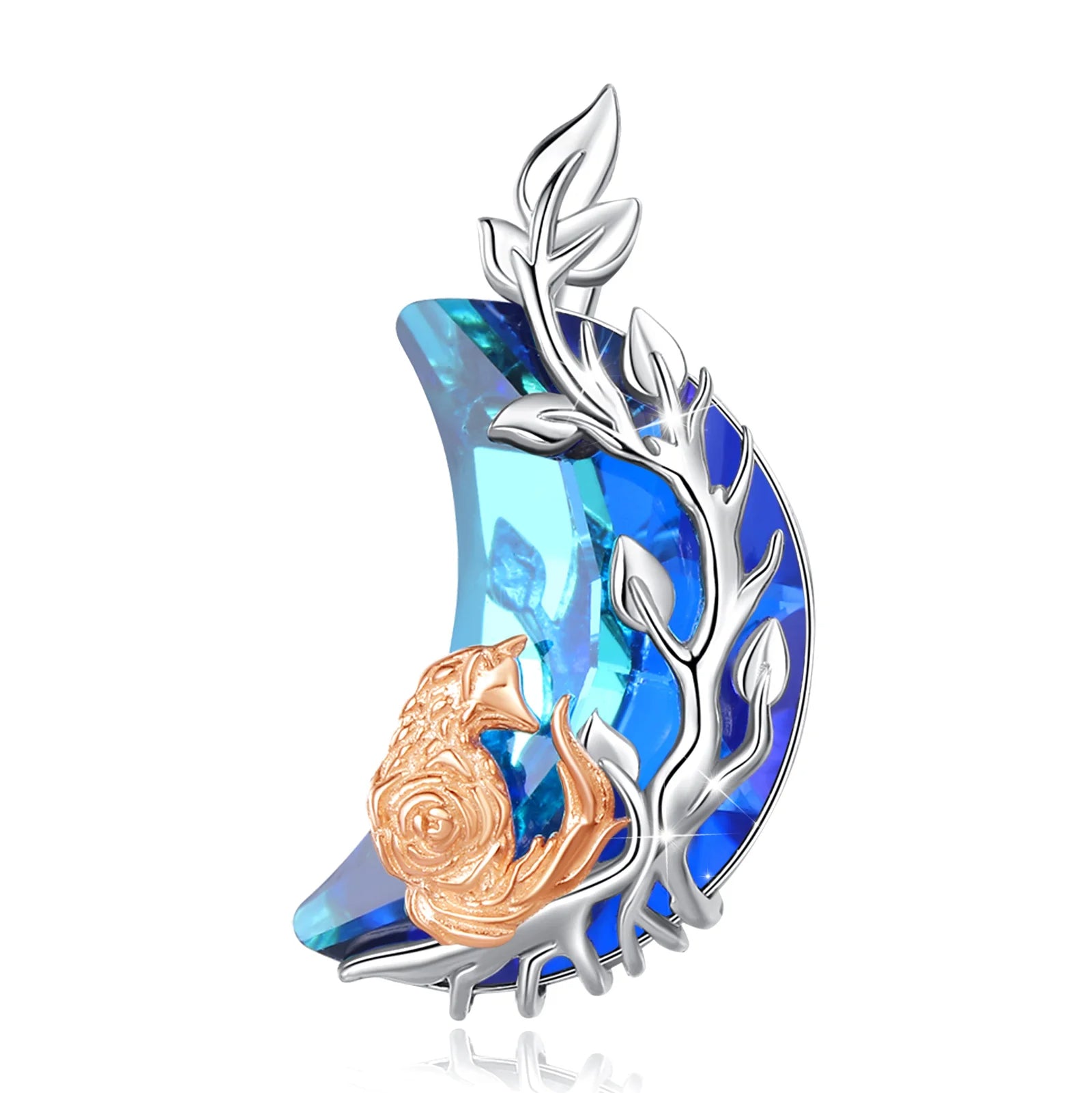 Sterling Silver Crystal Moon and Fox Pendant Necklace-Necklaces-Innovato Design-Innovato Design