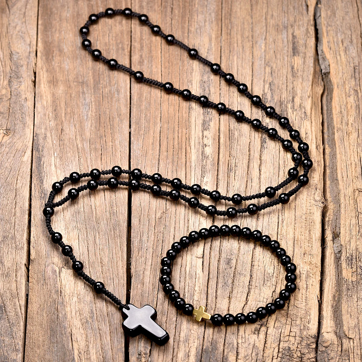 Jet Black-Tone Natural Agate Cross Bead Rosary Handmade Necklace-Necklaces-Innovato Design-Innovato Design