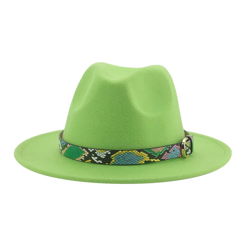 Wide Brim Wool Fedora Hat with Snake Skin Striped Band-Hats-Innovato Design-Light Green-Innovato Design