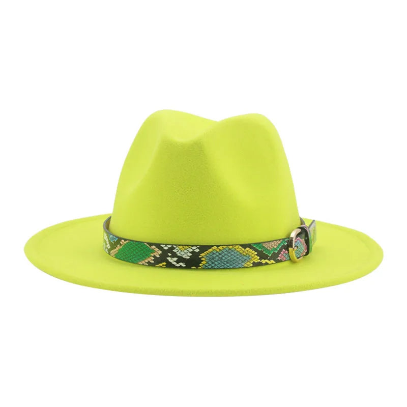 Wide Brim Wool Fedora Hat with Snake Skin Striped Band-Hats-Innovato Design-Lemon-Innovato Design