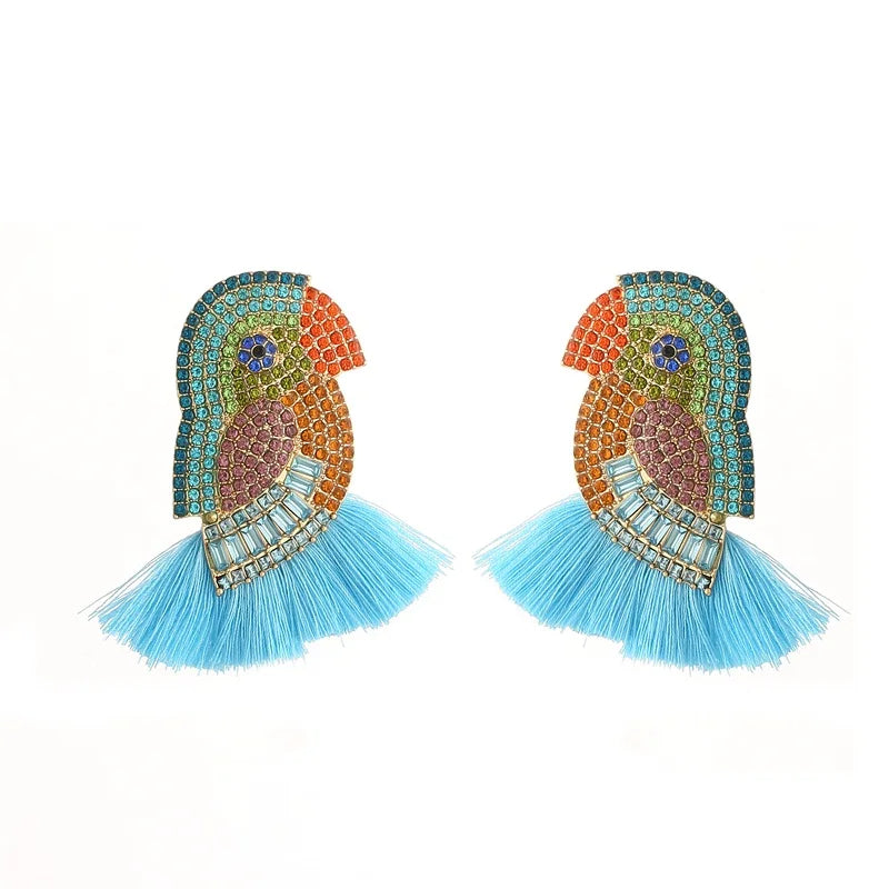 Women's Austrian Crystal Parrot Pet Bird Pierced Dangle Tassel Earrings-Earrings-Innovato Design-Blue-Innovato Design
