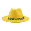 Wide Brim Wool Fedora Hat with Snake Skin Striped Band-Hats-Innovato Design-Yellow-Innovato Design