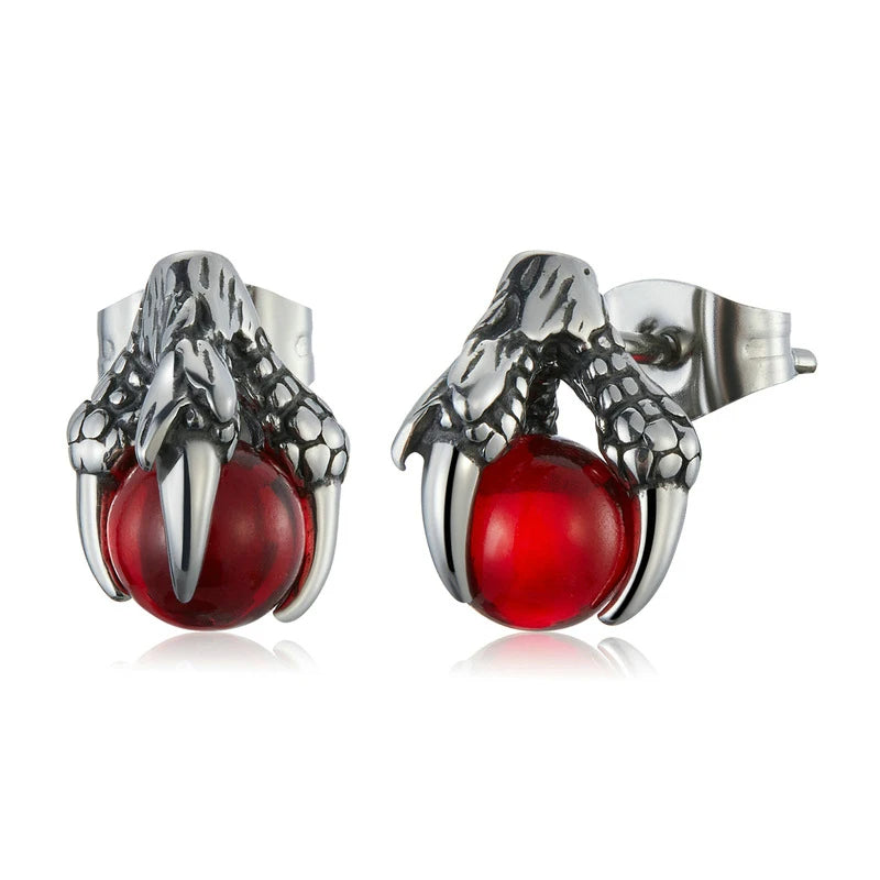 Stainless Steel Stud Earrings CZ Silver Tone Black Red Blue Dragon Claw-Earrings-Innovato Design-Red-Innovato Design