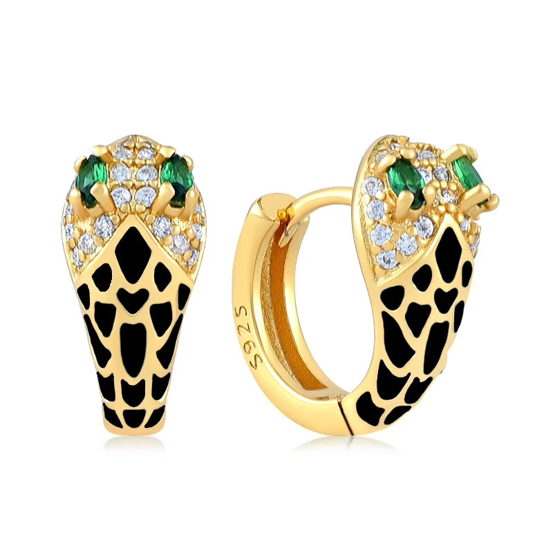 925 Sterling Silver Hoop Huggie Enamel Crystal Cobra Earrings-Earrings-Innovato Design-Black-Innovato Design