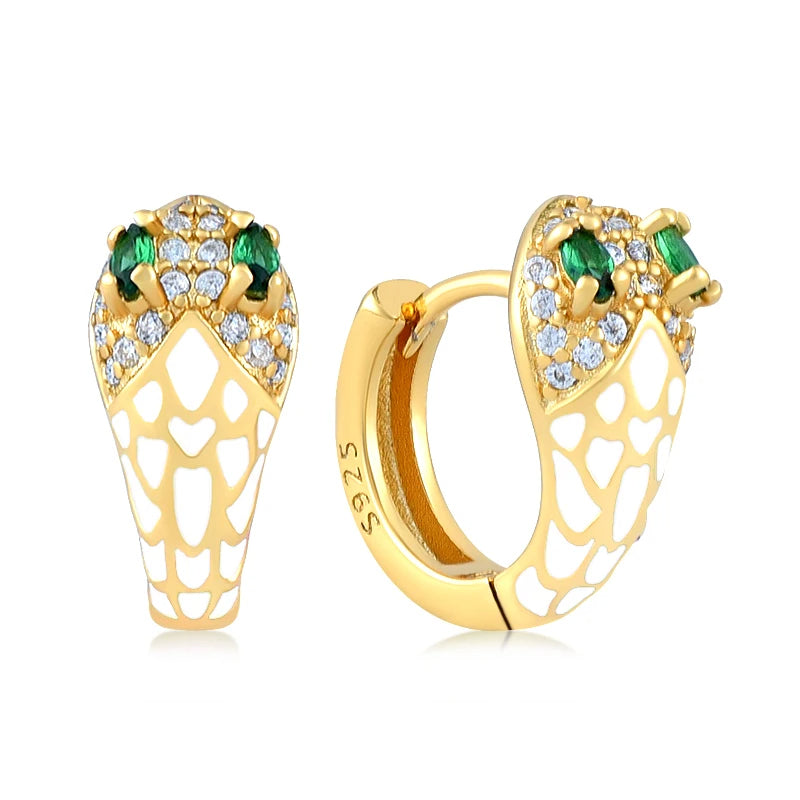 925 Sterling Silver Hoop Huggie Enamel Crystal Cobra Earrings-Earrings-Innovato Design-White-Innovato Design