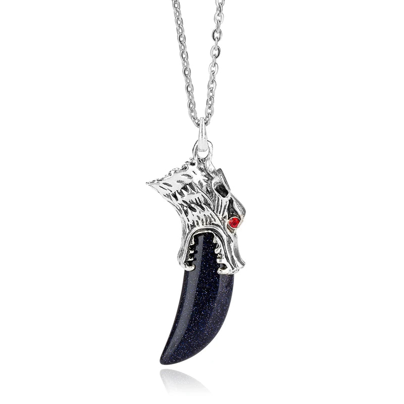 Men's Stainless Steel Pendant Necklace Natural Crystal Wolf Tooth Tribal-Necklaces-Innovato Design-Dark Blue-Innovato Design