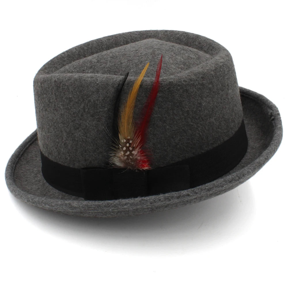 Trilby Fedora Hat with Multicolored Feather on Black Hatband-Hats-Innovato Design-Heather Gray-Innovato Design